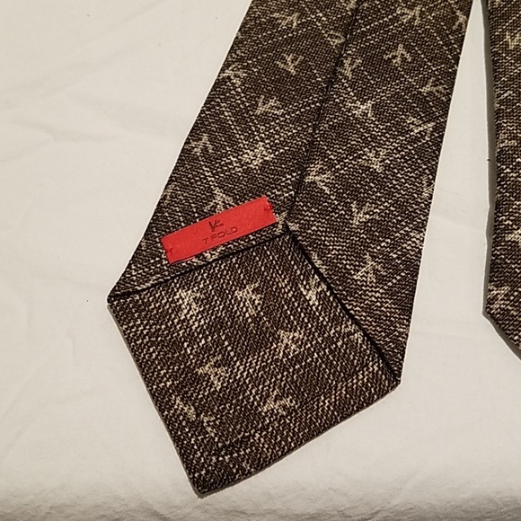 ISAIA Napoli 7 Fold Logo Tie Brown Grey Weeve - Picture 4 of 6
